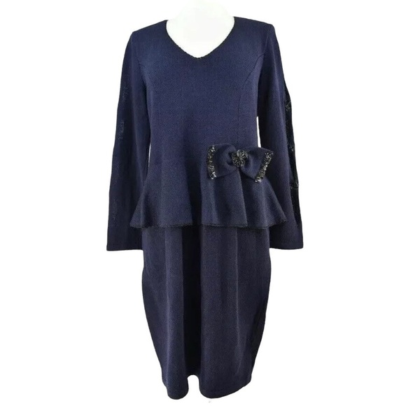 Fianona Santana Knit Peplum Cold Shoulder Beaded Sweater Dress Navy Blue Size M